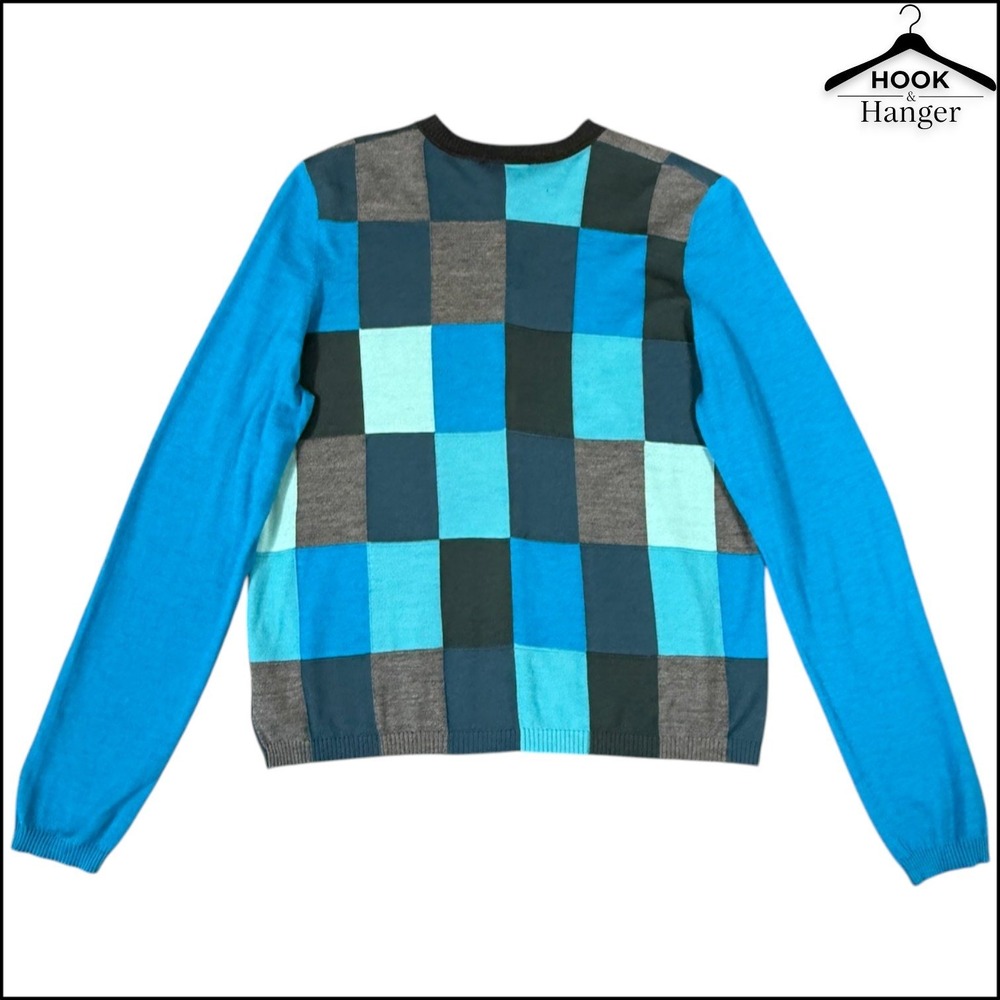 Akris Punto Luxury Patchwork Wool Cardigan 12 Teal Blue Gray Colorblock Sweater - Picture 5 of 9